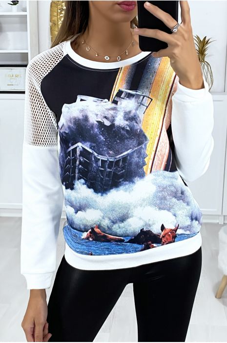 White sweatshirt with transparent shoulders and motif on the front - 2