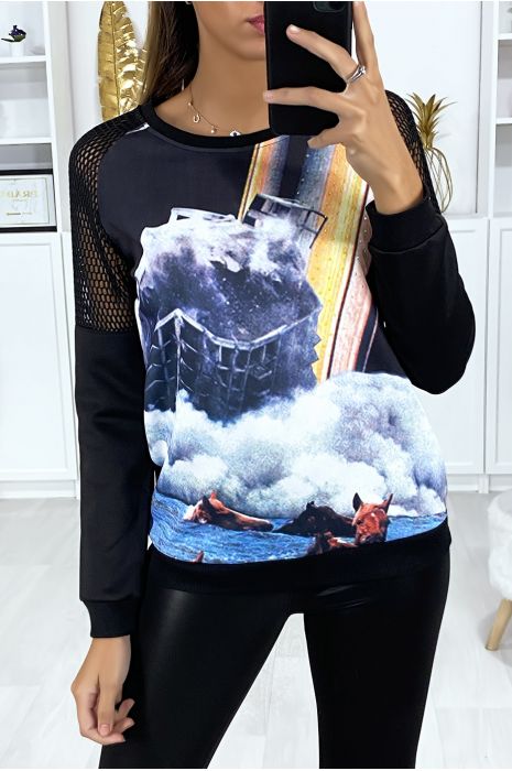 Sweat noir transparent aux épaules avec motif devant - 1