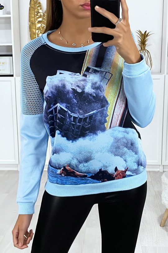 Transparent blue sweatshirt on the shoulders with pattern on the front - 1