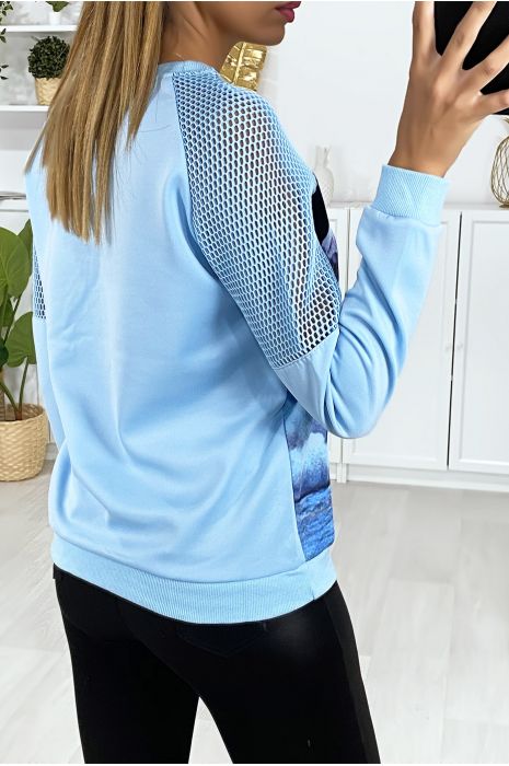 Transparent blue sweatshirt on the shoulders with pattern on the front - 4