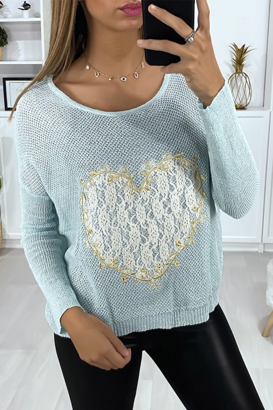 Turquoise sweater with heart pattern in lace and embroidery - 1