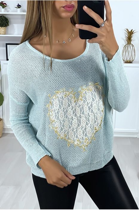PuTT turquoise avec motif coeur en dentelle et broderie - 3
