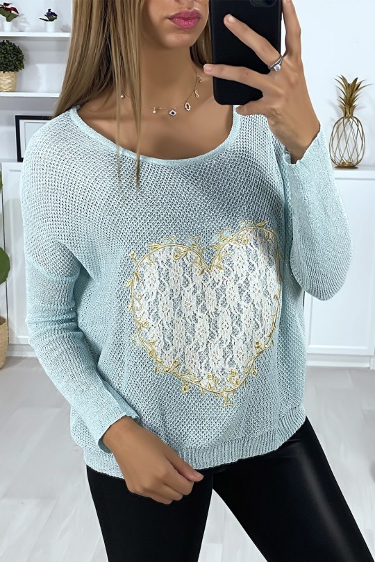 Turquoise sweater with heart pattern in lace and embroidery - 3