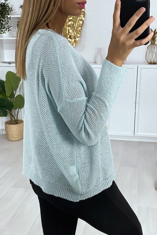 Turquoise sweater with heart pattern in lace and embroidery - 4