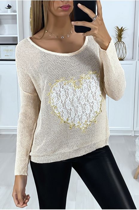 Roze sweater met hartmotief in kant en borduursels - 1