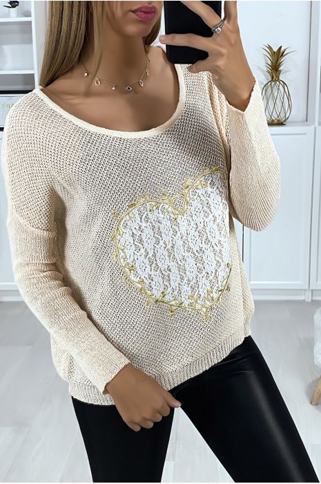 Pull rose avec motif coeur en dentelle et broderie - 2