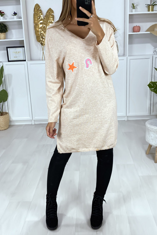Pink V-neck sweater dress in a very soft material with embroidered pattern - 1