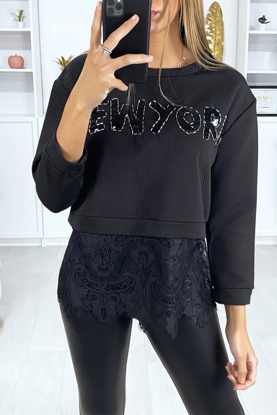Zwart sweatshirt met NEW YORK-tekst in strass steentjes en kant - 2