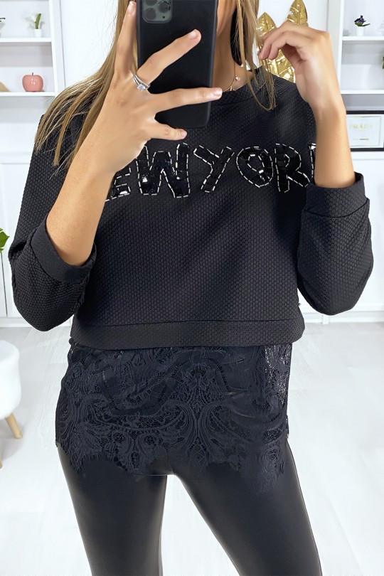 Zwart sweatshirt met NEW YORK-tekst in strass steentjes en kant - 4