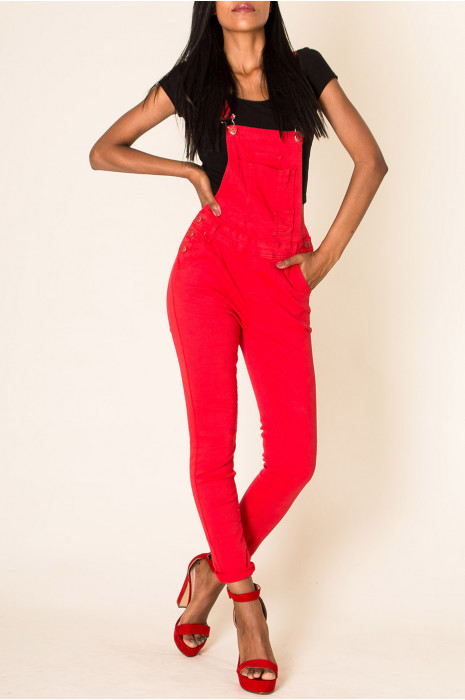 Salopette en jeans slim rouge retroussé aux chevilles - 1