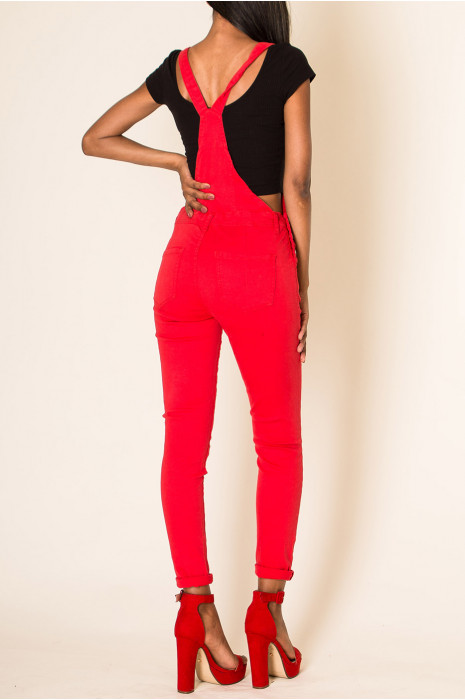 Salopette en jeans slim rouge retroussé aux chevilles - 4