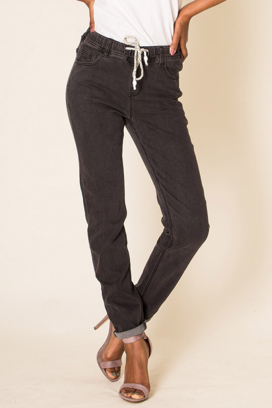 Jegging jeans noir avec cordon à la taille et retroussé en bas