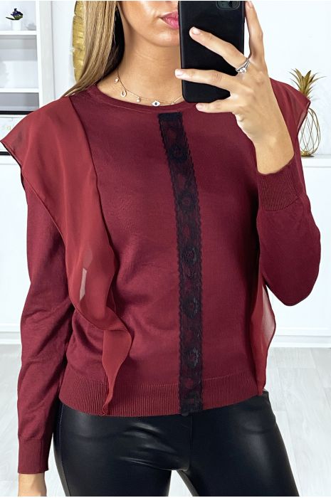 Pull bordeaux avec volant et dentelle noir devant - 1