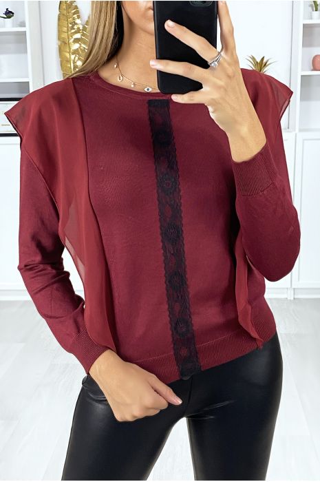 Pull bordeaux avec volant et dentelle noir devant - 2