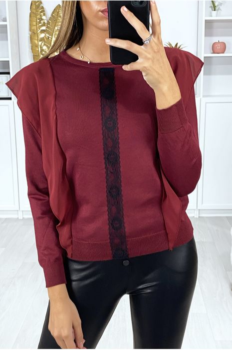 Pull bordeaux avec volant et dentelle noir devant - 3