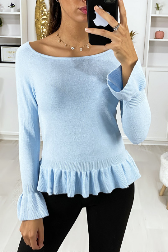 Turquoise sweater with ruffle in a soft stretch material - 3