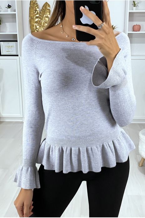 Pull gris à volant dans une douce matière extensible - 3