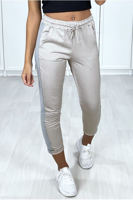 Jogging slim gris retroussé en bas avec bandes légèrement pailleté - 2