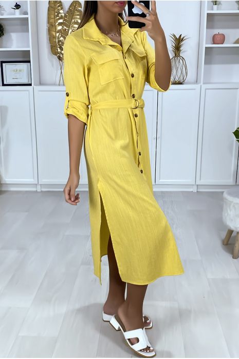 Longue robe chemise moutarde boutonnés avec ceinture - 2