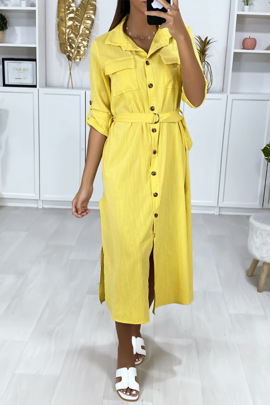 Longue robe chemise moutarde boutonnés avec ceinture - 3