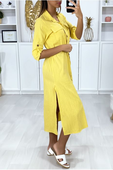 Longue robe chemise moutarde boutonnés avec ceinture - 4