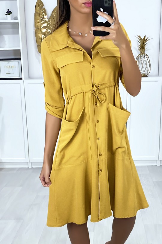Robe chemise boutonnés en moutarde avec poches et ajustable à la taille - 2