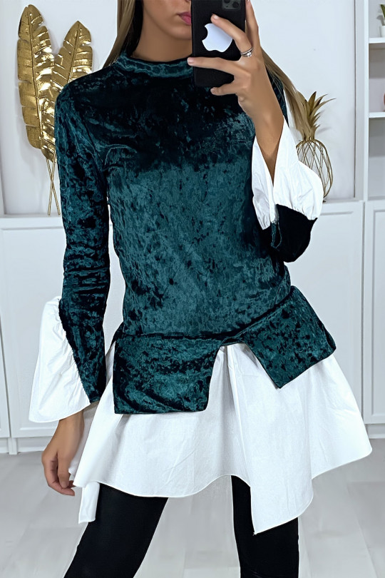 2 in 1 top in green velvet with ruffles on the sleeves and bottom