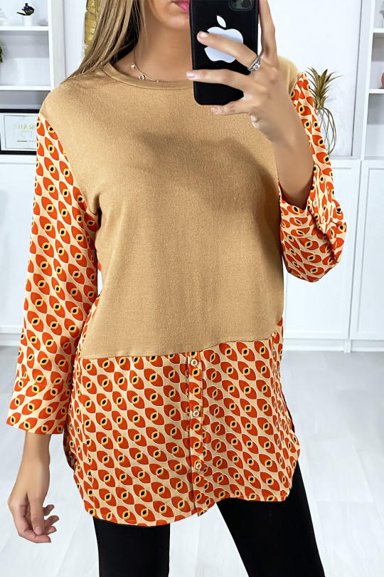 Robe tunique taupe col chemise avec joli motif