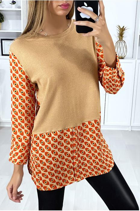 Taupe tunic dress shirt collar with pretty pattern - 3