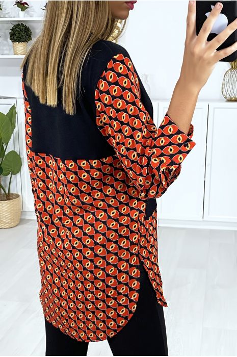 Robe tunique noir et rouge col chemise avec joli motif - 5