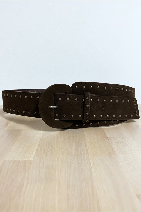 Ceinture marron en suédine clouté sur toute la longueur - 1