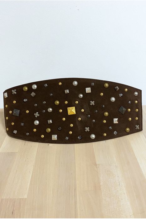 Chunky chocolate suede waist belt with elastic at the back - 1