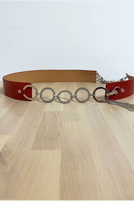 Red belt with accessories in circles and rhinestones - 1