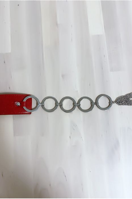 Red belt with accessories in circles and rhinestones - 3
