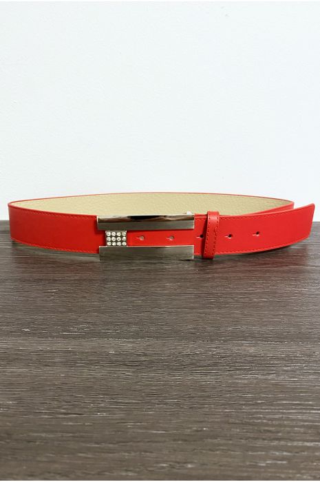 Red belt with rectangular buckle and rhinestones - 1