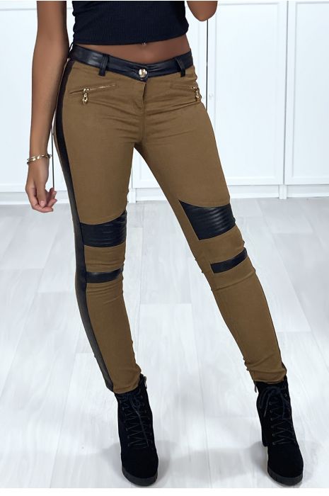 Pantalon slim camel avec bandes en simili - 1