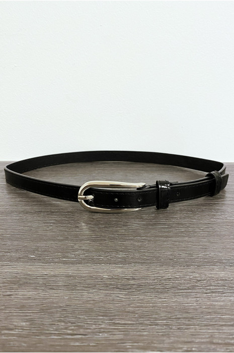 Thin shiny black belt with silver buckle - 1