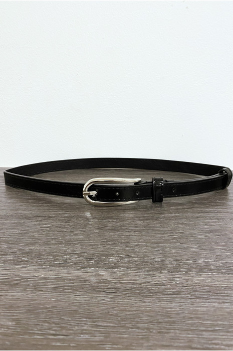 Fine ceinture noir brillant avec boucle argenté - 2