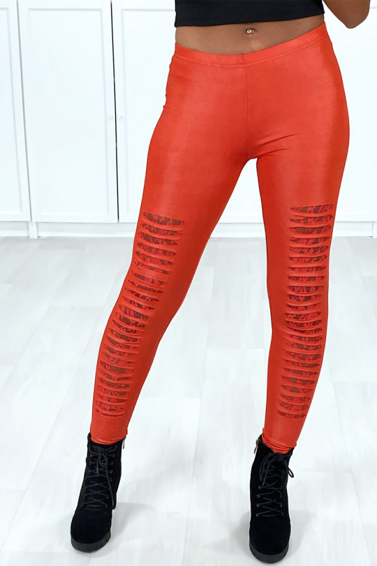 Rode legging met taps toelopende voorkant en kanten voering - 9