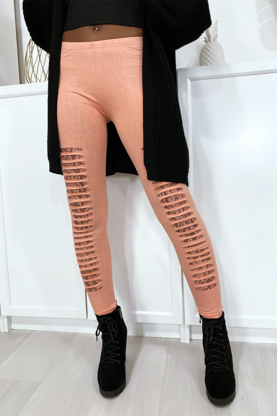 Pink leggings tapered at the front and lined with lace - 3