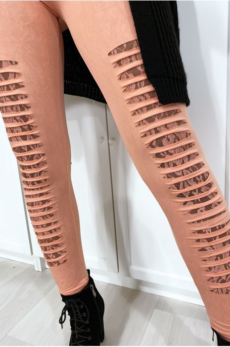 Pink leggings tapered at the front and lined with lace - 5