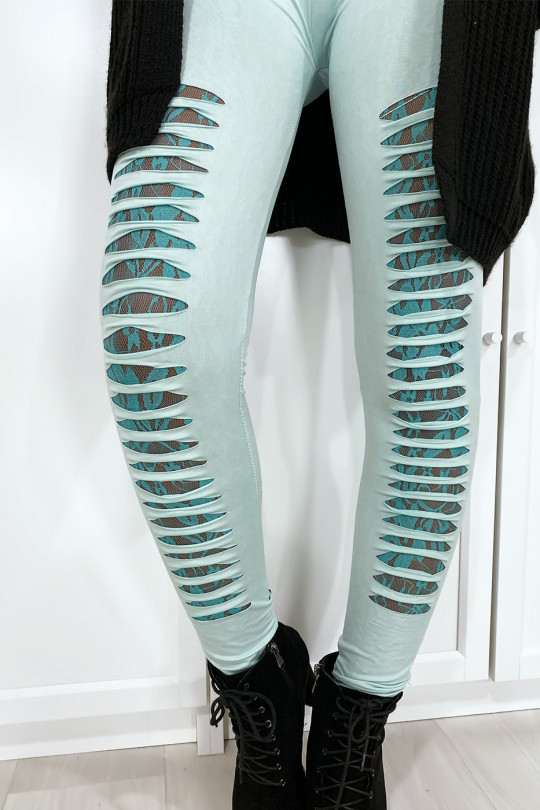 Sea green leggings tapered at the front and lined with lace - 2