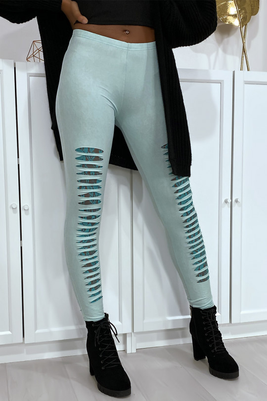 Sea green leggings tapered at the front and lined with lace - 4