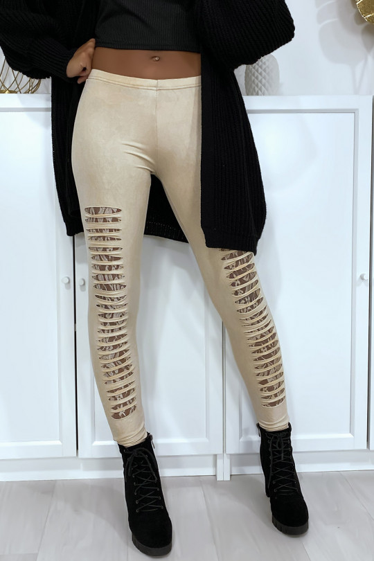 Beige leggings tapered at the front and lined in lace - 1