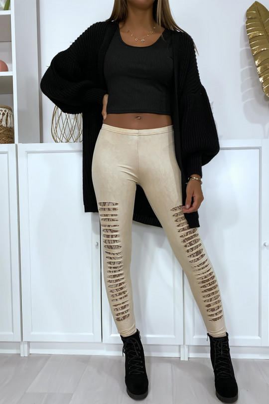 Beige leggings tapered at the front and lined in lace - 2