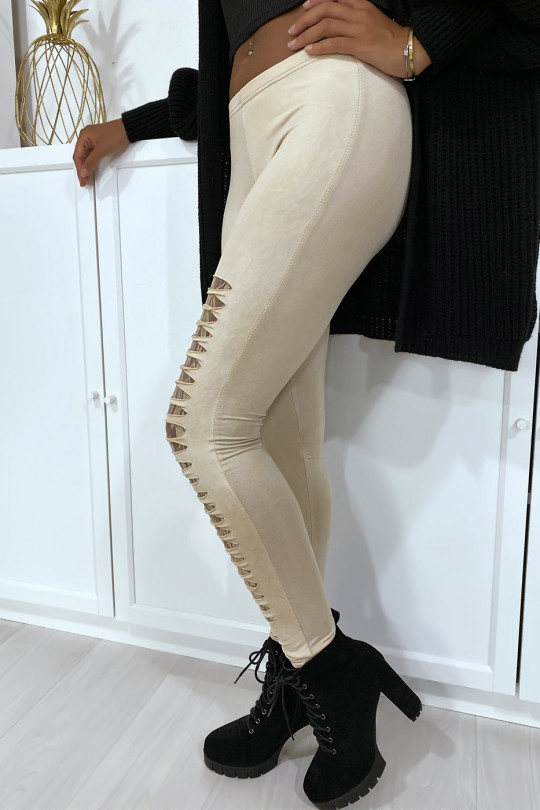 Beige leggings tapered at the front and lined in lace - 3