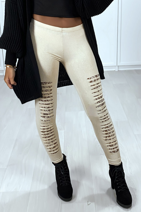 Beige leggings tapered at the front and lined in lace - 4