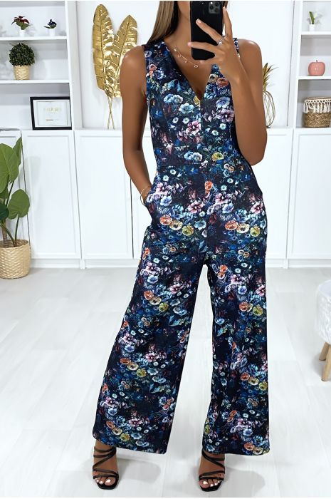 Combinaison palazzo motif fleuris noir avec poches - 2