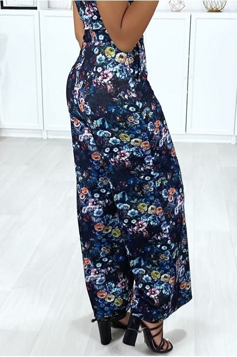 Combinaison palazzo motif fleuris noir avec poches - 4