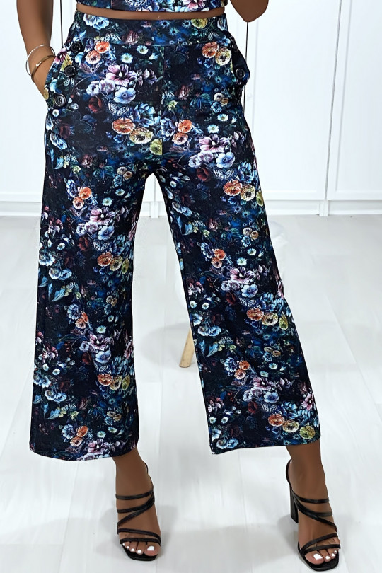 Black floral palazzo cropped trousers with pockets - 2